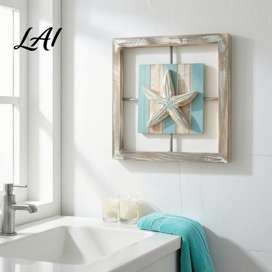 Nordic Style Hanging Decor 3D Conch/Starfish/Shell Wooden Frame Wall Art Distressed Coastal Decoration Small Beach House Ornaments Ocean Inspired