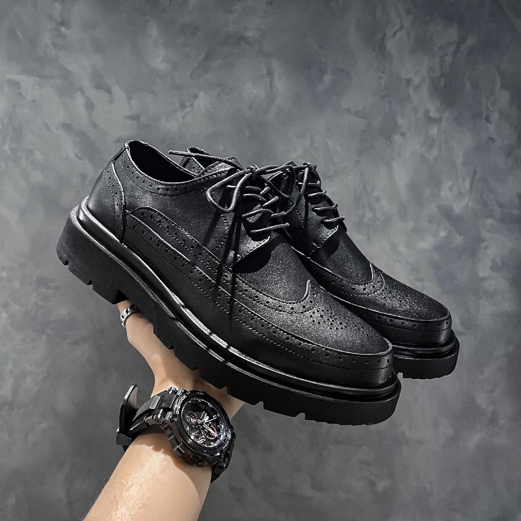 Men's leather shoes cowhide dress trendy shoes black versatile casual business Korean version trendy British Block engraved men's shoes