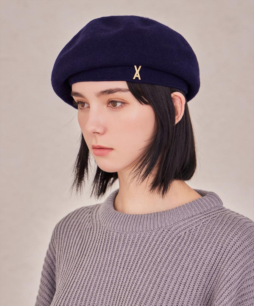 Bajal Studded Logo Wool Beret Navy
