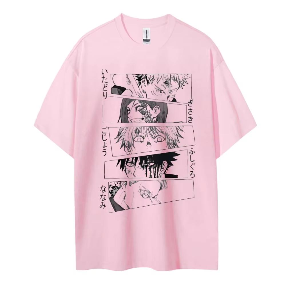 Anime Characters Collage Print Cotton T Shirt 2026 Summer Unisexs Casual Streetwear Loose Fit Japanese Style Black and White