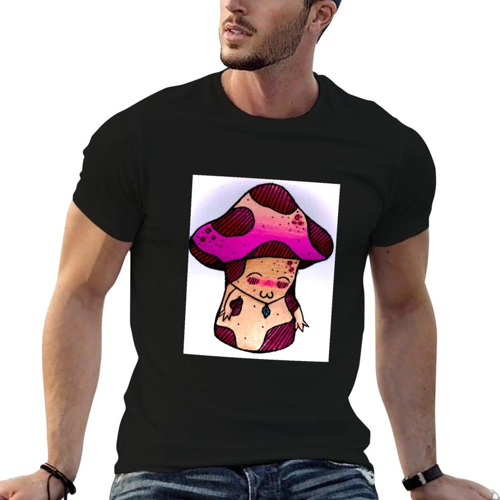 Unisexs Slim Fit Designer Soft Color Cotton Tee Mushroom Crystal Necklace Graphic