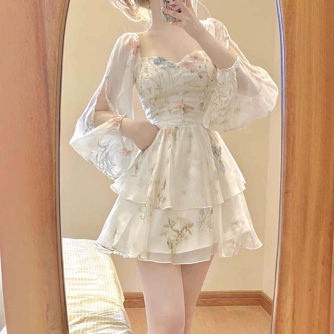 

Женское Цветочное Платье, Неровный Подол, Короткая Юбка с Затягиванием на Талии L белый