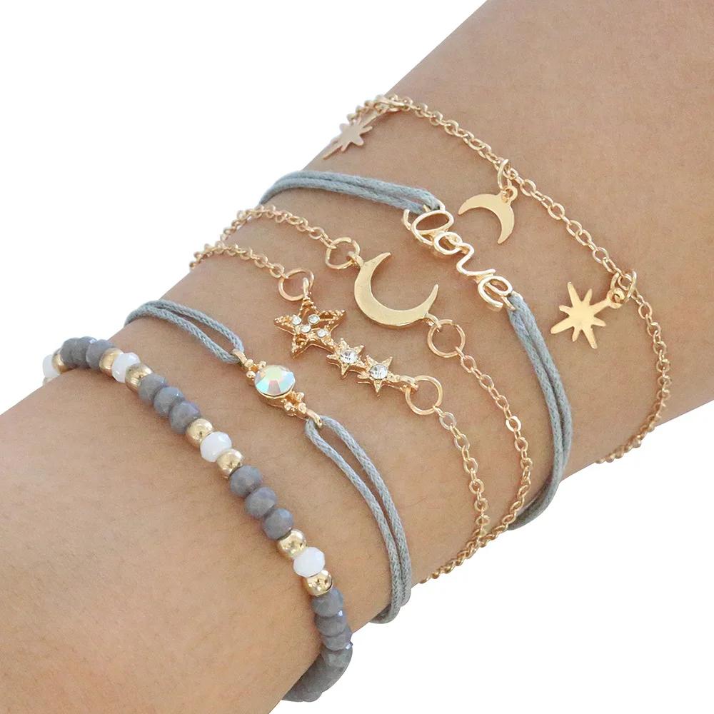 

New Boho Retro Heart Moon Bracelets for Women Men Charms Bead Gold Color Star Crystal Stone Letter Rope Jewelry Accessories Gift