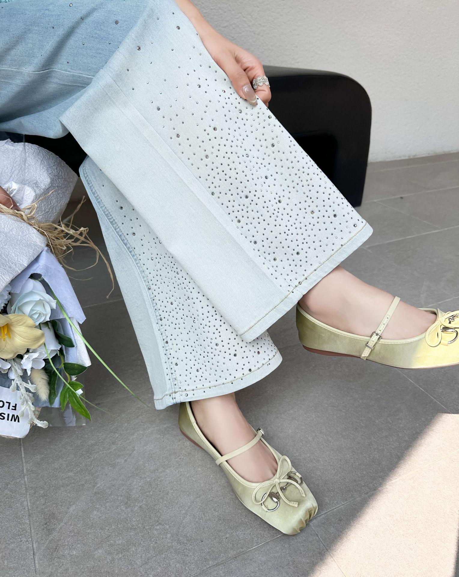 2026 High-Waisted Elastic Denim Maternity Rhinestone Wide-Leg Jeans L (60-67.5 kg)