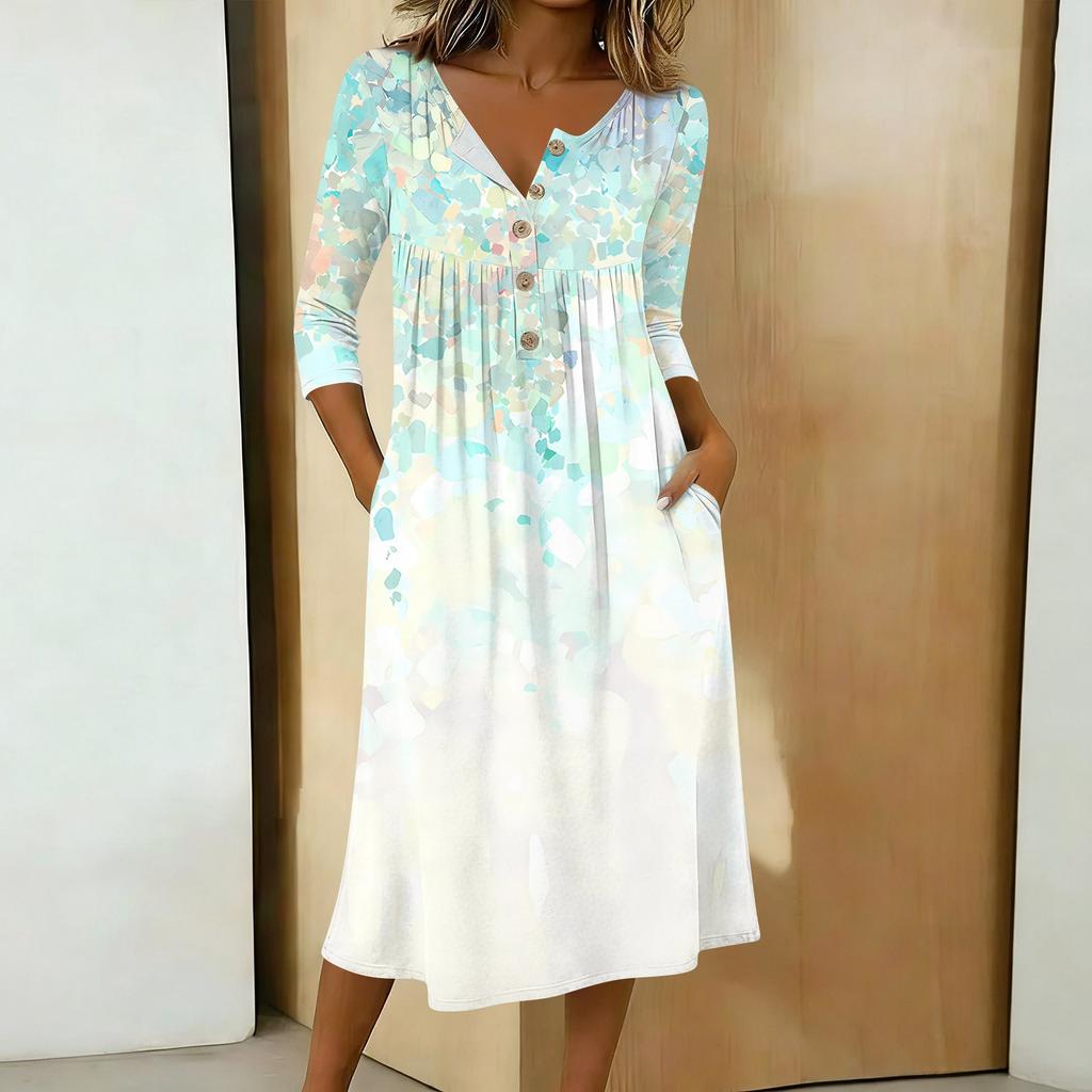 Women's Fashionable Color Printed Round Neck 3/4 Sleeve Button Collar Mid Length Casual Dress