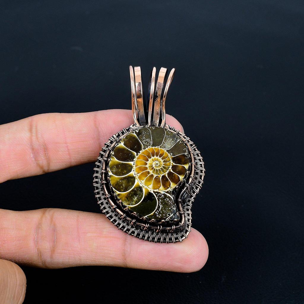 Ammonite Fossil Pendant, Gemstone  999 Copper Wire Wrapped Jewelry Pendant, Handmade Jewelry Birthstone Pendant, Gift For Him
