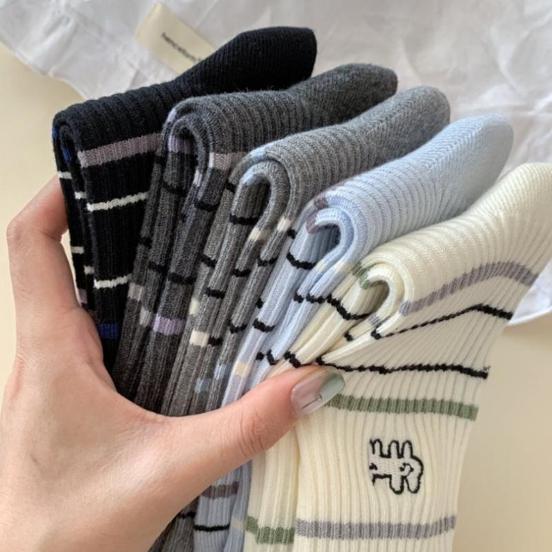 Cartoon Puppy Embroidery Cute Socks Women Autumn and Winter Middle Tube Socks Korean Striped Cotton Knitted Elastic Long Socks
