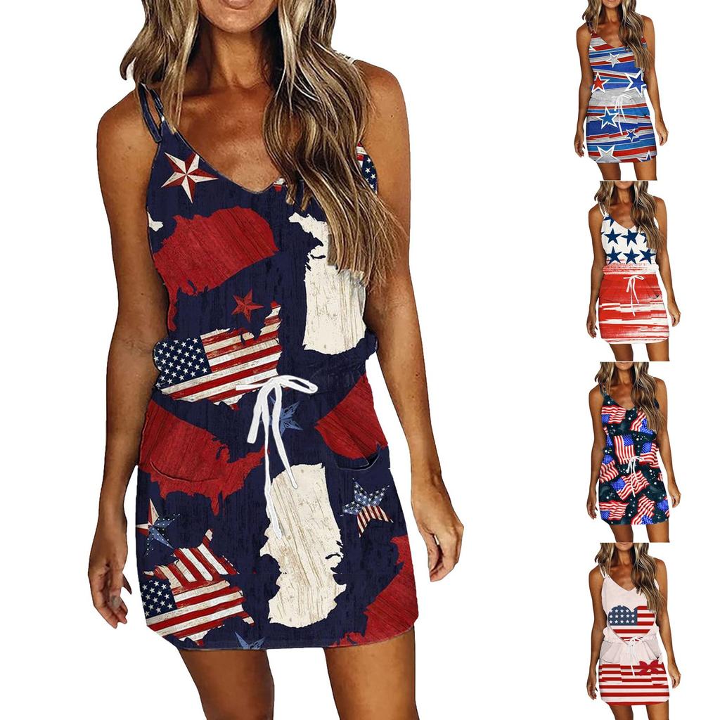 Women's Summer Sexy V-neck  Sleeveless Independence Day Printed Strapless Dress Beach Sun  Dress