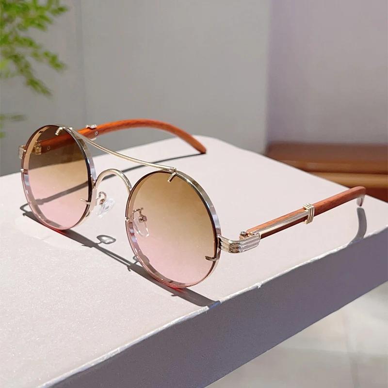 Vintage Round Sunglasses Men New Fashion Retro Double Bridge Casual Shades Women Luxury Gradient Multi-color Sun Glasses