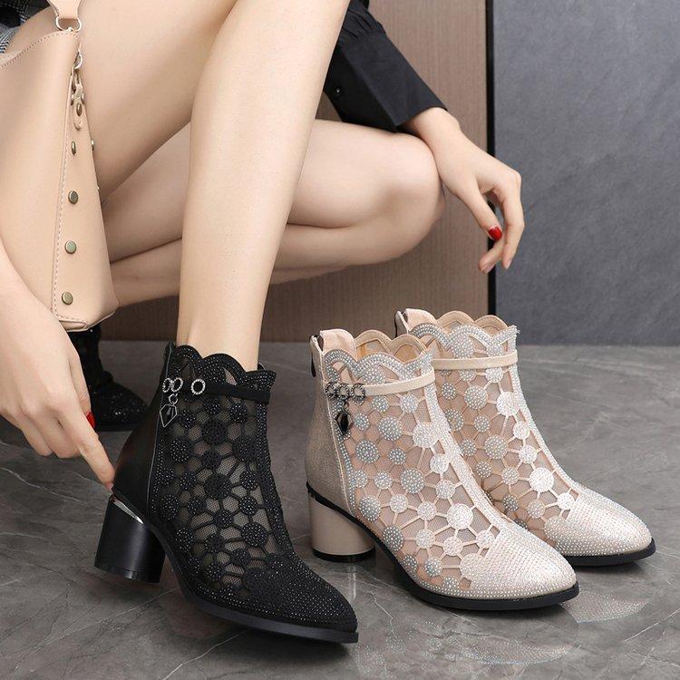 Damenmode Strass Gaze Stiefel Dicker Quadratischer Knöchelabsatz Reißverschluss Mesh Atmungsaktive Schuhe Stiefel