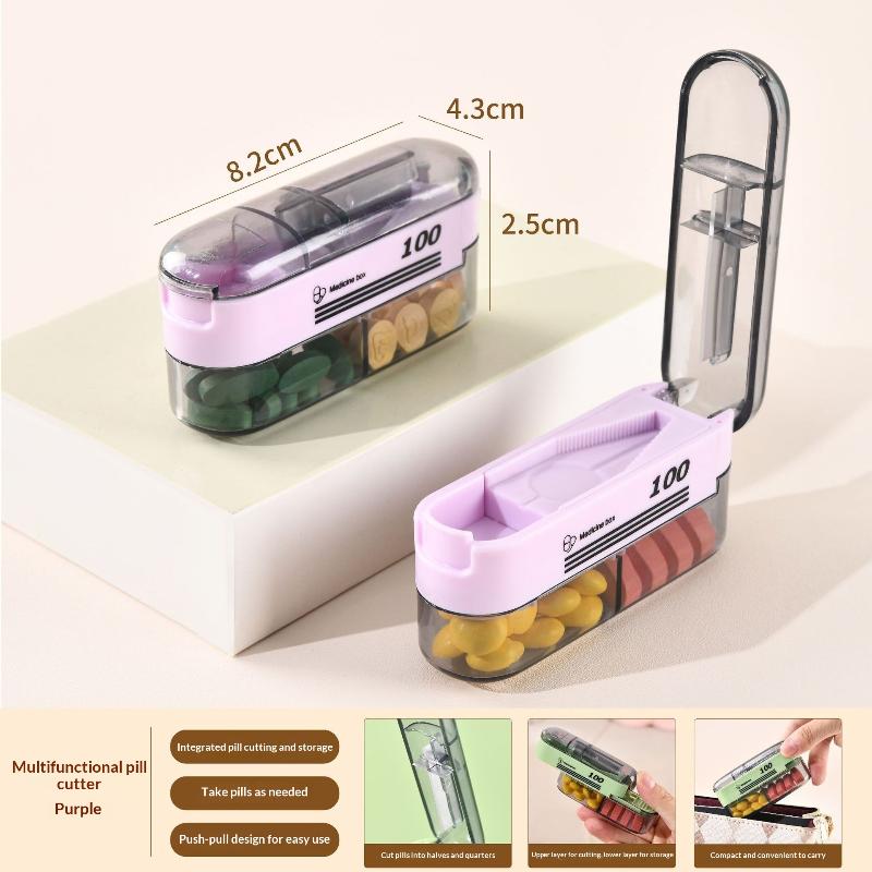 Bärbar Pillerdelare 1 st Tablettskärare Förvaringsfodral Med Dosett Organizer Säker Bladdesign För Resor Hem Apotek
