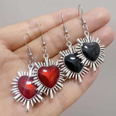 Gothic Romantic Handicrafts Silver Color-edged Red Black Sacred Heart Dangle Earrings Necklace for Women Halloween Party Jewelry