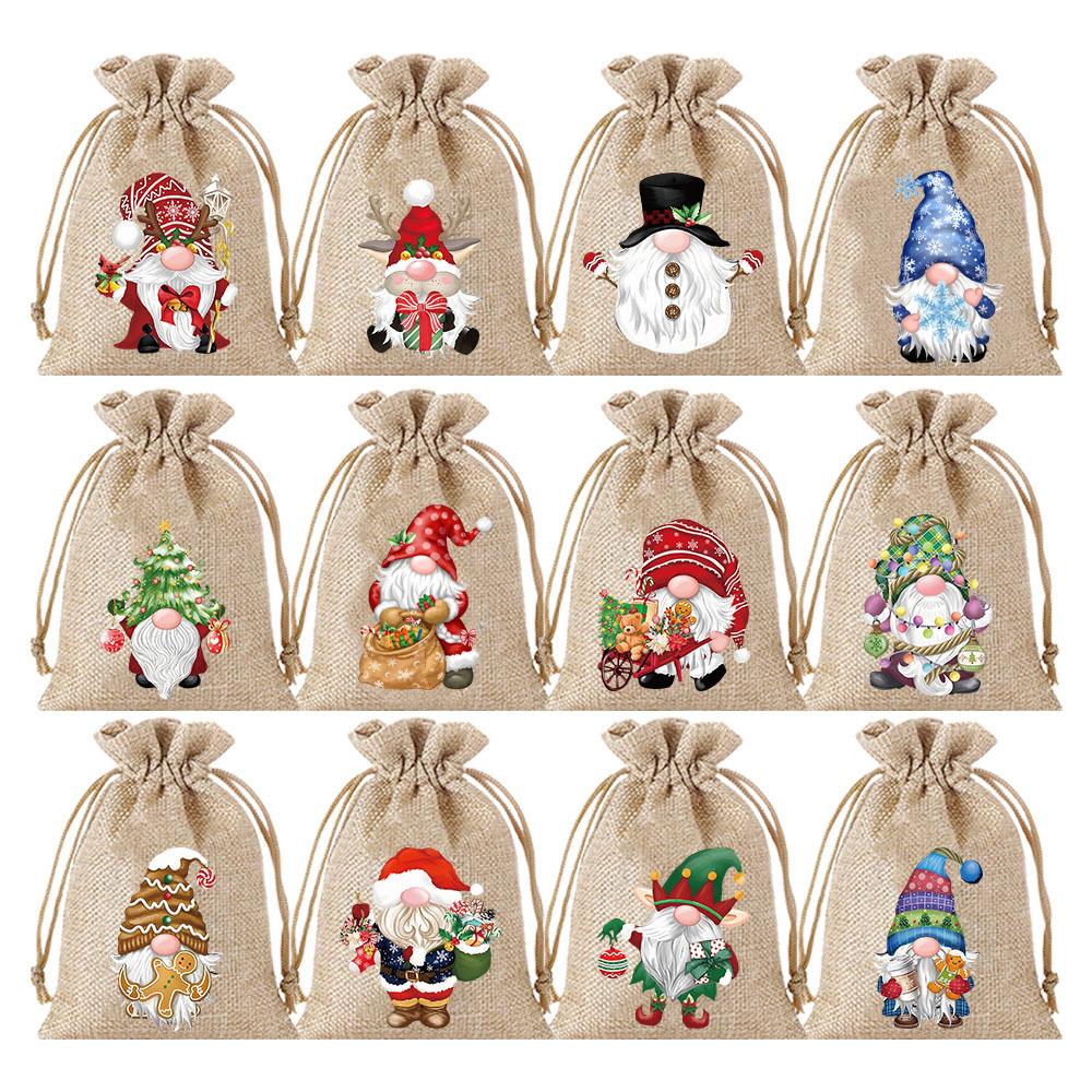 

12pcs Christmas Burlap Drawstring Candy Bag Santa Gift Bag Christmas Decoration for Present Bag Christmas New Year