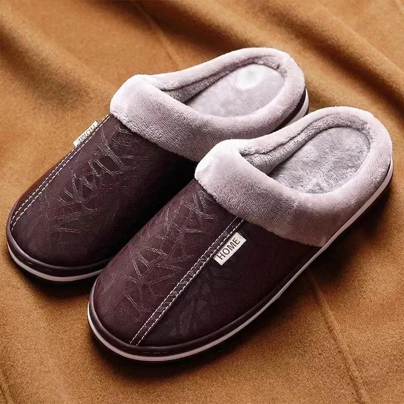 Men‘s Slippers Winter Indoor Women Warm Shoe Comfortable Waterproof PU Leather Slipper Couple Cotton Flat Shoes 2025 New