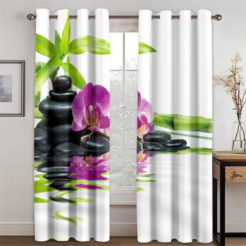

Полузатеняющая оконная штора для спальни и гостиной, 3D-принт, Green Zen Spa, камни лотоса, травяной бамбук, тонкая 100W130H(CM)40x51in&Grommet Top