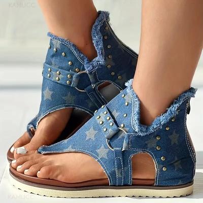 Women's Casual Denim Sandals Women Gladiator Sandals Back Zipper Open Toe Non Slip Thong Sandals, Versatile Roman Style Shoes