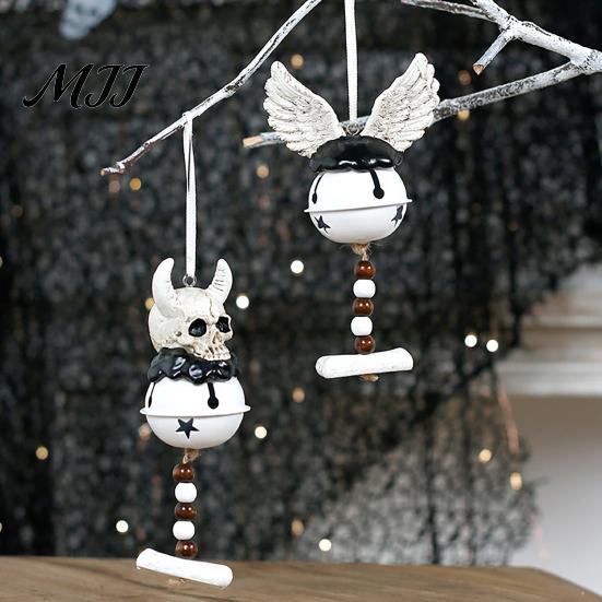 Outdoor Halloween Decoration Jingle Bell Ornament, Gothic Bull Skull/Angel Wings Hanging for Tree, Party Home Decor Decorative
