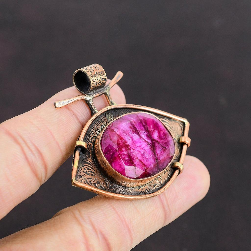 Faceted Kashmir Ruby Pendant Copper Pendant Gemstone Jewelry Birthstone Pendant Handmade Jewelry Pendant For Women Oxidized Copper Jewelry