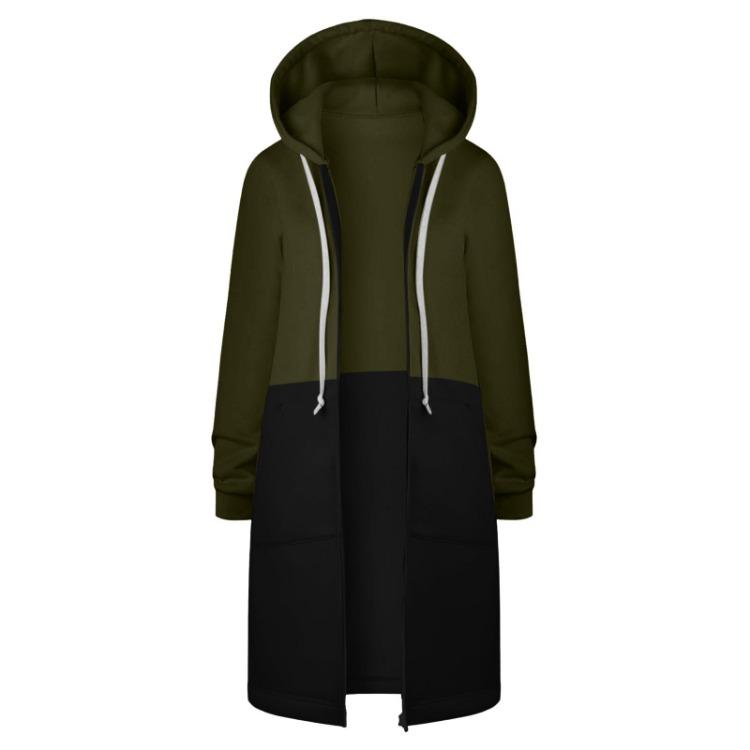 Winter Longline Hooded Sweatshirt Women Color Block Zip Straight Bodycon Long Sleeve S