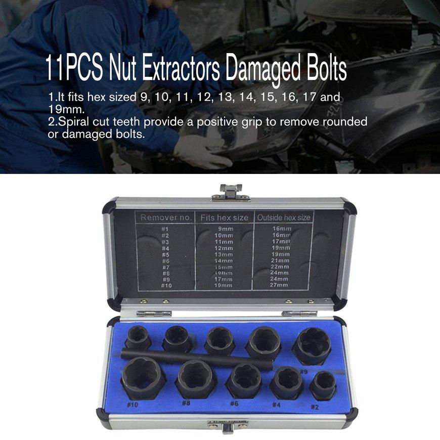 Buy 11PCS Damaged Nut Bolt Remover Stud Extractor Set Broken Bolt Removal Kit for You at