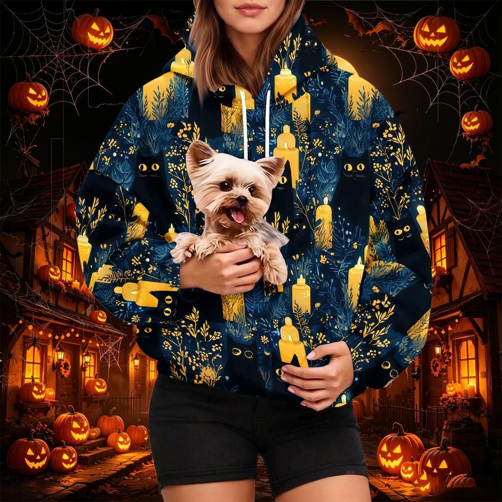 Damenmode Halloween-Print Hoodie mit Haustier-Tasche, Lässiger Pullover Sweatshirt
