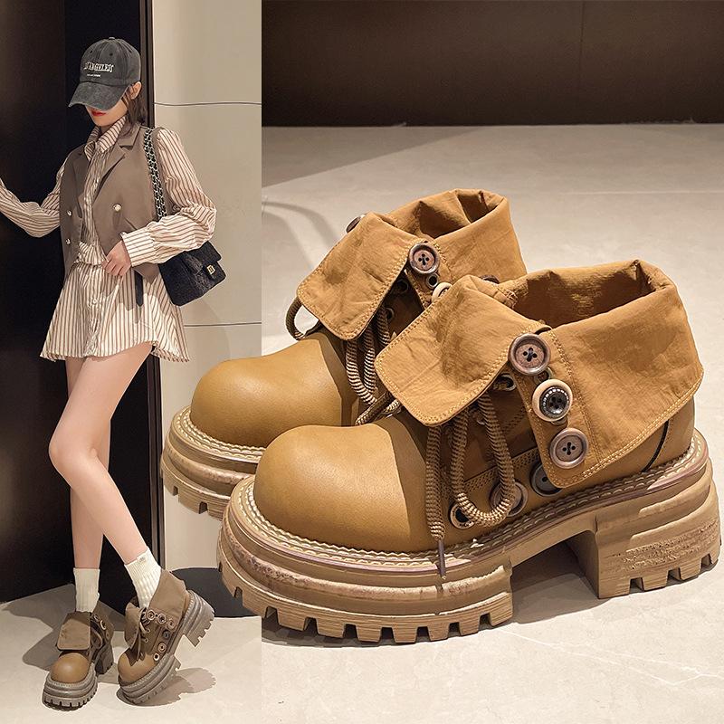 Popular 2025 New Miujia Round Head Lace-up British Style Retro Versatile Niche Comfortable Thick-soled Heightening Martin Boots