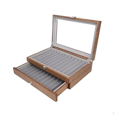 2 Layer Pen Display Box with Glass Lid Drawer Gift Wooden Case Organizer