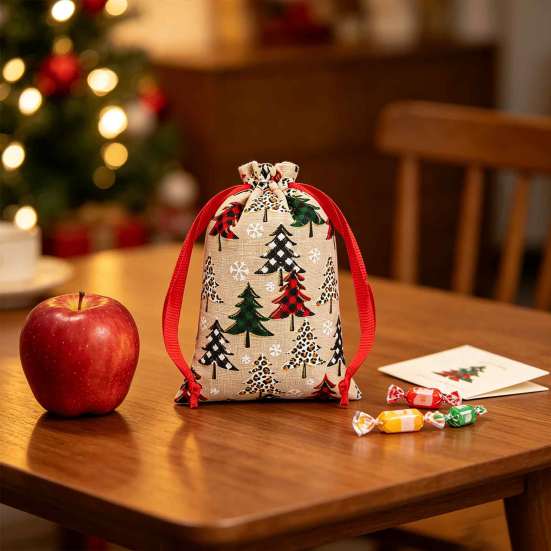 Gift Wrapping Supplies Christmas Tree Print Drawstring Bags, Faux Linen Xmas Treat Bag, Reusable Holiday Bags Candy & Apple Storage Pouch for