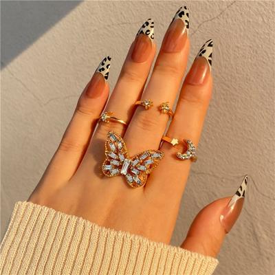 Set de Anillos de Mariposa de Cristal Vintage para Mujer Boho Color Oro Luna Estrella Anillo de Dedo