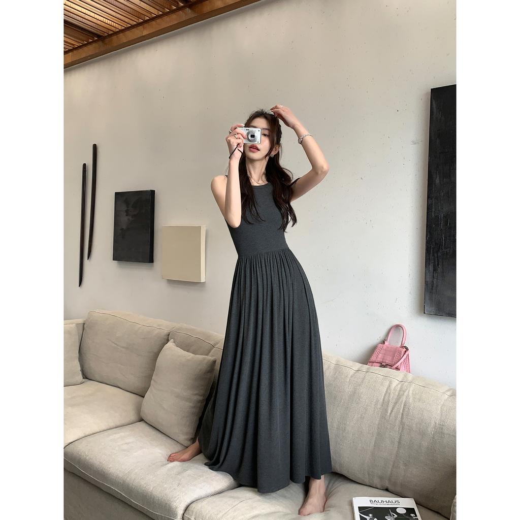 Tricotat de bază, solid, primăvară, vară, rochii pentru femei, rochii în linie A, stil coreean, halat retro, subțire, talie înaltă