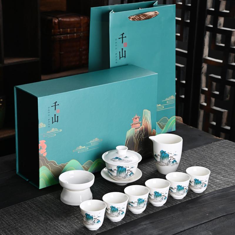 Dehua Suet Jade Porcelain Kung Fu Tea Set Gift Box, Thousands of Miles of Jiangshan, the Whole Set of Activities Accompanied by Hand Gifts