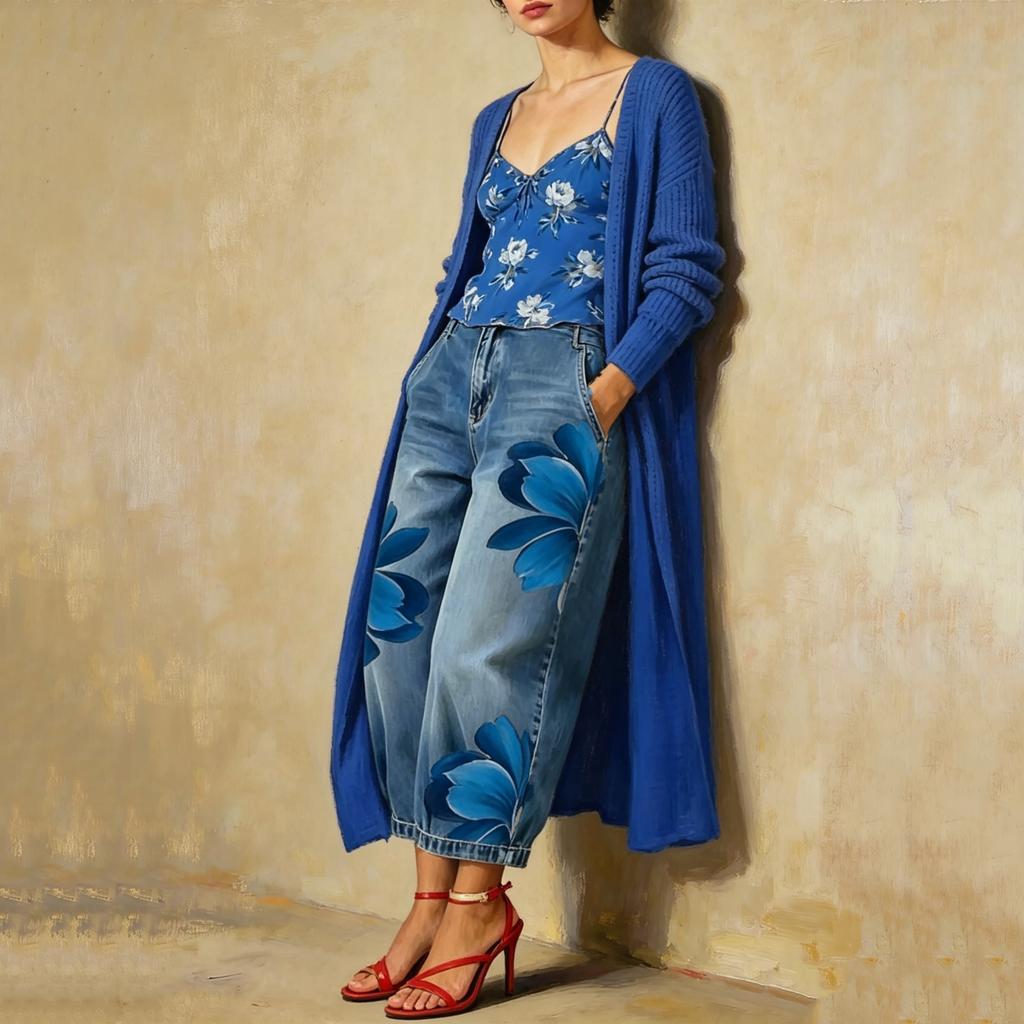 Damenmode Blumenmuster Denim Lässig Weite Beine Hose Hohe Taille Lockerer Schnitt Bequeme Hose Geeignet für den Alltag