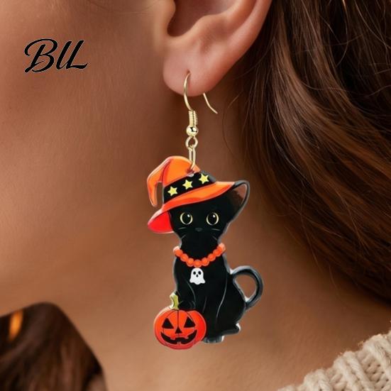 Cute Pumpkin Wizard Hat Earring 1 Pair Halloween Black Cat Acrylic Earrings for Women, Eye Catching Seasonal Ear Jewelry with And Dangle Party Costume