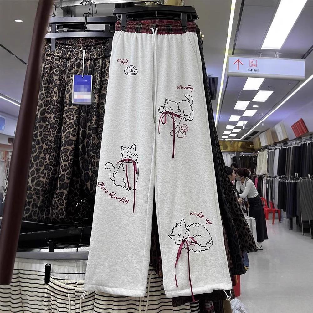 Graue Hosen für Damen Frühling- und Herbststil Drapierte bedruckte Jogginghosen Neue Freizeithosen Lockere gerade Hosen Sporthosen