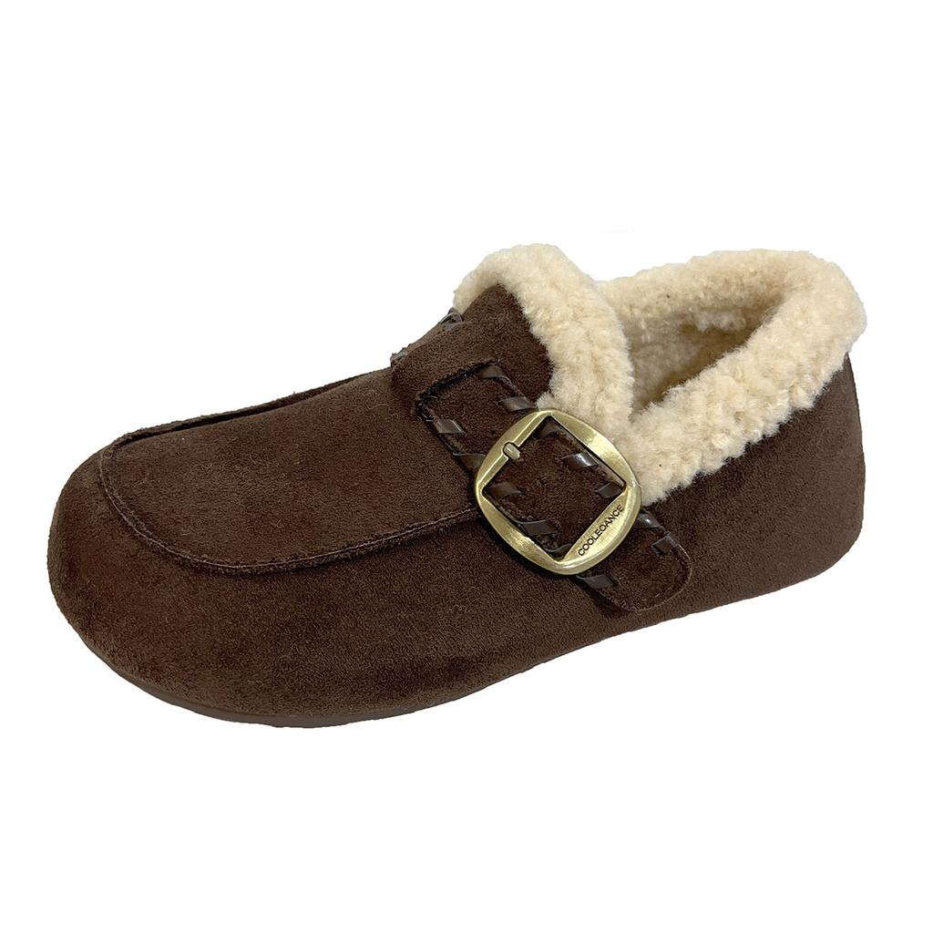 Cotton Shoes Women's 2025 Autumn and Winter New Plush Fluffy Shoes Korean Version Belt Buckle Buns Shoes Flat Bottom Ladyshoes Women's Doudou Shoes