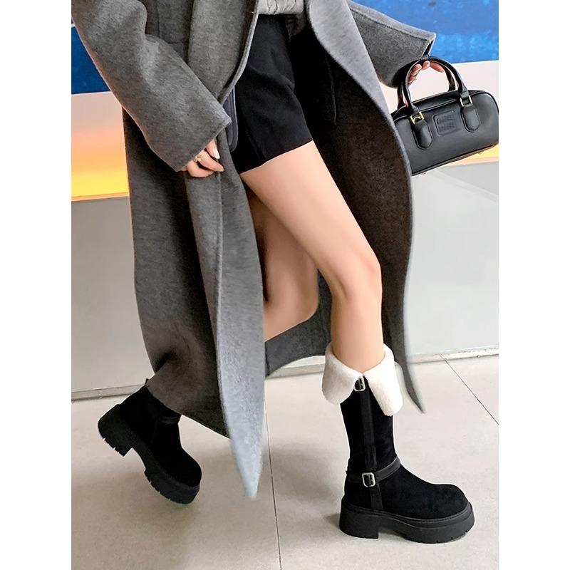 ~ New Round Head Belt Buckle Knight Boots Women's Autumn and Winter Versatile Thick-soled Velvet Boots