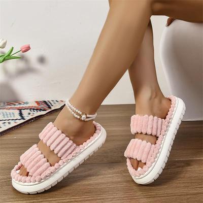 Fashion Litfun Corduroy Plush Women's Slippers Thick Bottom Home Slides EVA Foam Light Indoor Slides Fluffy Warm Cozy Women's Slippers