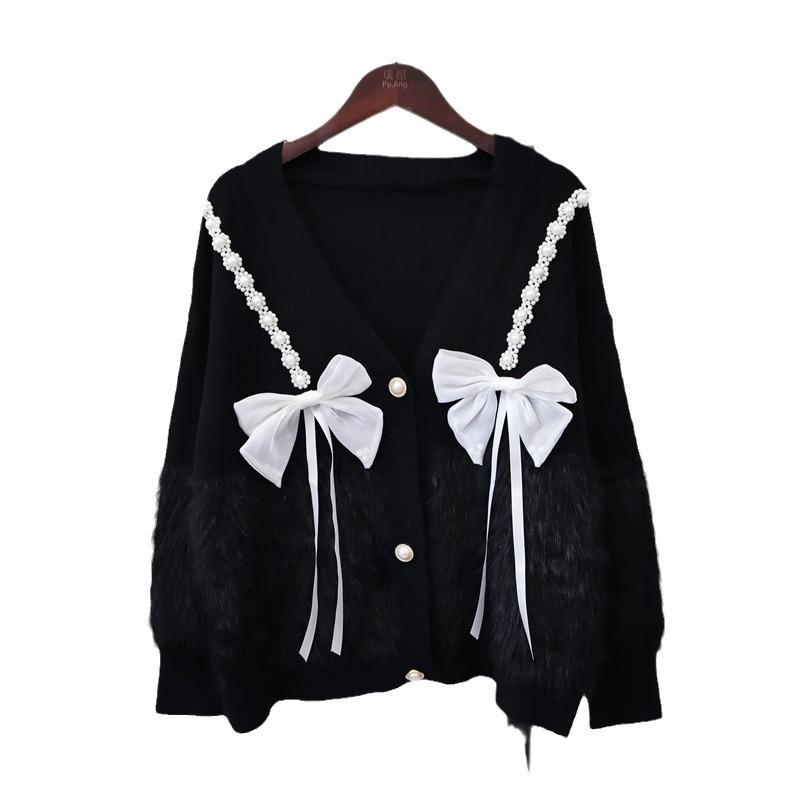 Autumn and winter new loose splicing imitation mink velvet knitted cardigan sweet bow soft waxy sweater jacket women