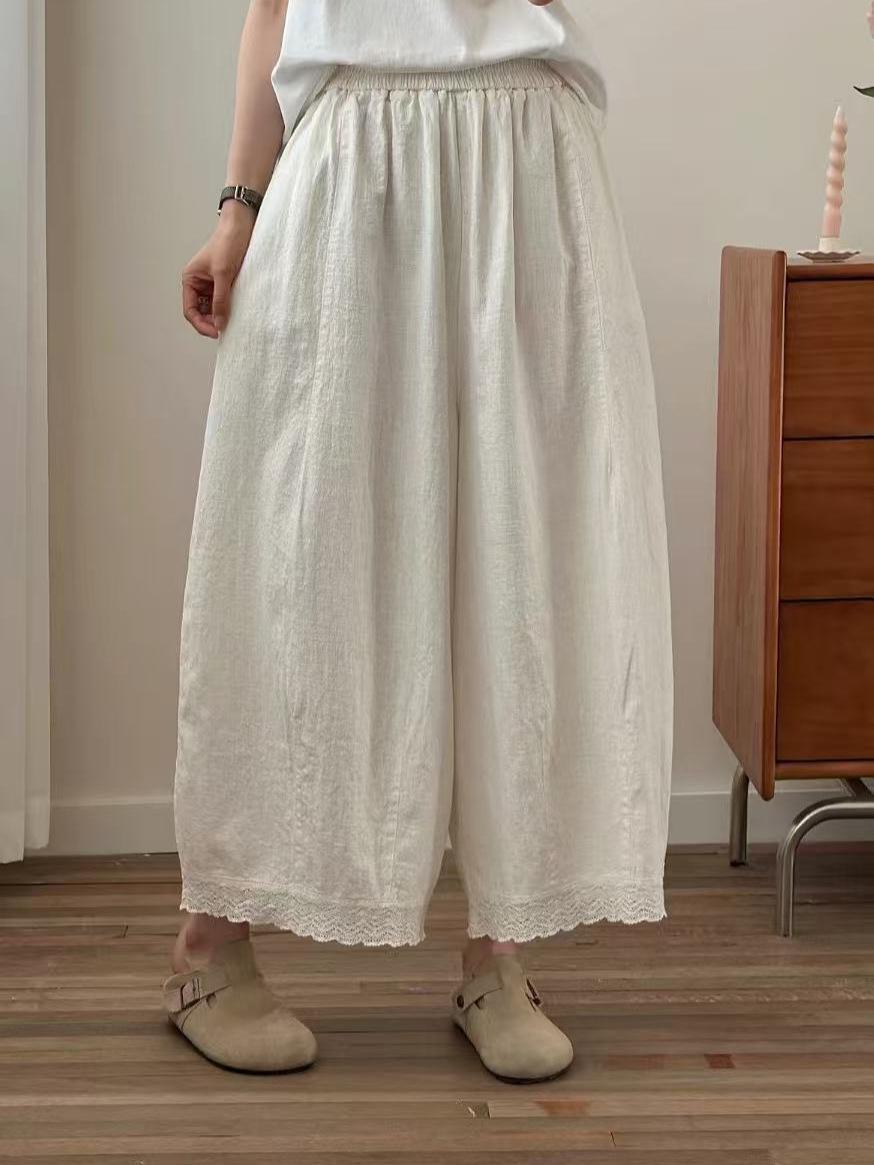 

Johnature Summer Versatile Lace-trimmed Straight-leg Pants Casual Vintage Women Trousers One Size белый