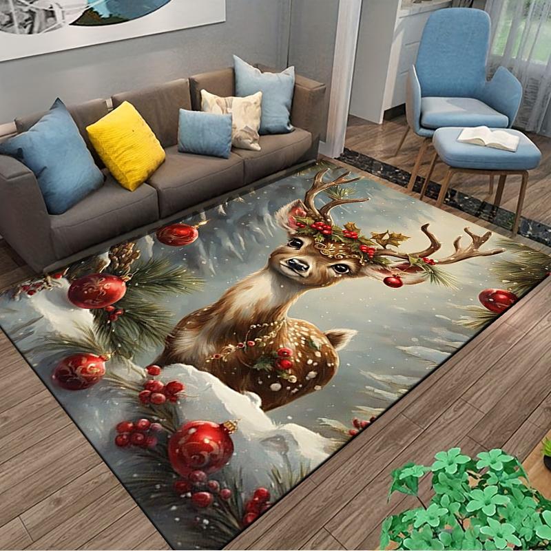 Christmas Reindeer Carpet with Ornaments and Snowy Pine Design Suitable for use as an anti-slip for living room bedroom sofas