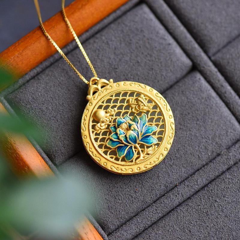 Natural Hetian Jade Ancient Gold Craft Enamel Porcelain Chinese Style Lotus Necklace Retro Round Plaque Pendant Ladies Jewelry