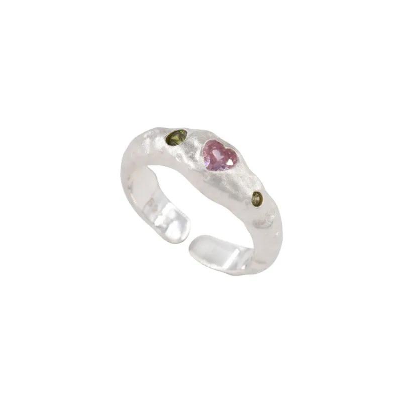 Sweet Personality Adjustable Irregularly Texture Heart-shaped Pink Crystal Ring for Woman Girls Korean Y2K Jewelry Gift