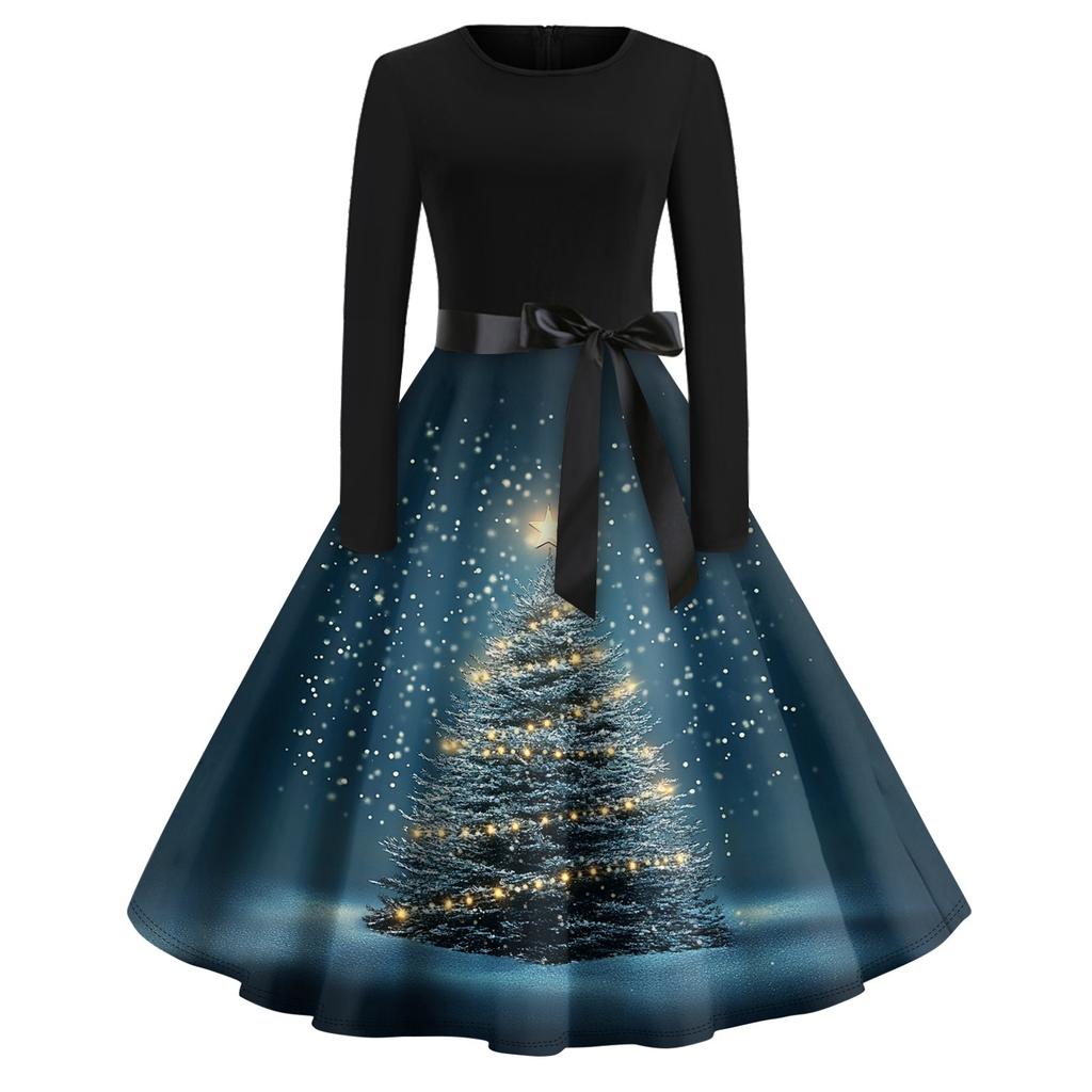Damen Vintage Classic Kleid Langarm Weihnachtsdruck Rundhals Swing Kleid