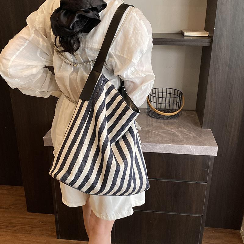 Versatile Casual Large-capacity Shoulder Women's Bag Retro Tote Handbag Small Fresh Striped Canvas Bag