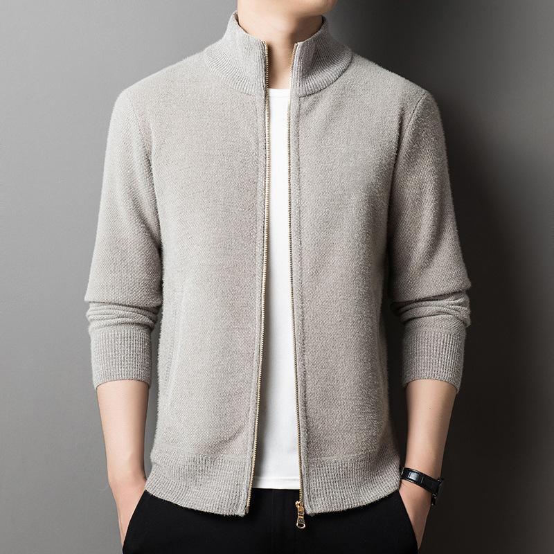Men S Autumn And Winter Knitted Cardigan Casual Stand-Up Neck Sweater Jacket Fashion Middle-Aged And Young Korean Version Zipper Sweater Men M