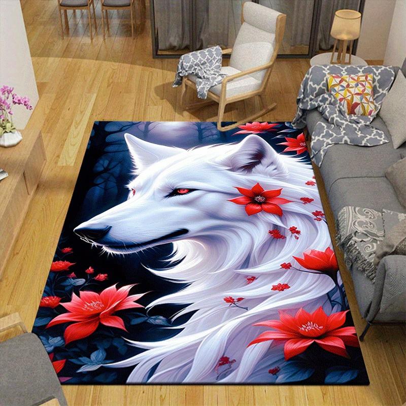 1pc White Wolf and Red Flower Print Design Area Rug - Soft, Anti-Slip, and Durable Gaming Room Decor for Bedroom