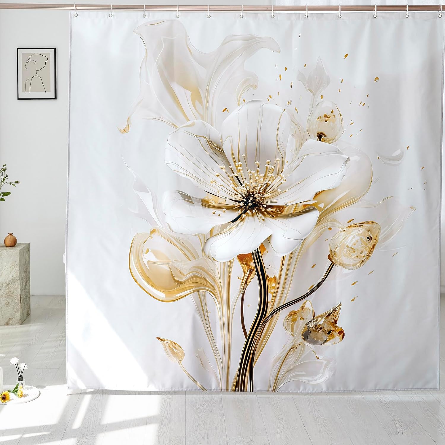 

Chic Pearl Decorative Floral Shower Curtain, Luxury Gold And White Floral Fabric Bathroom Curtain Set, Waterproof And Washable W60H190(CM)-1 Pcs