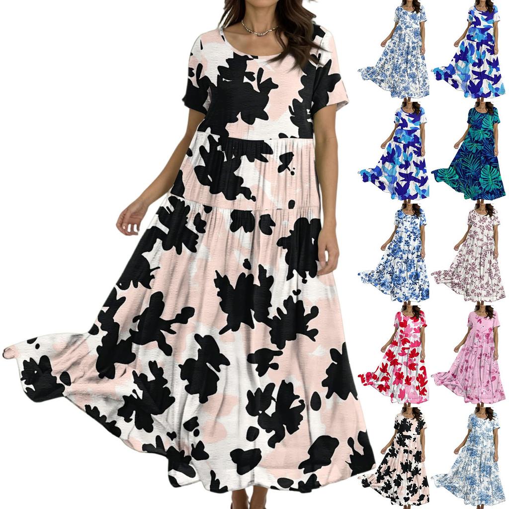 Women's Casual Loose Bohemian Floral Print Short Sleeve Dress