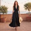 Women's Sleeveless V Neck Ruffle Trim Tie Waist Patchwork Maxi Dress Casual Loose Fit Summer Dress