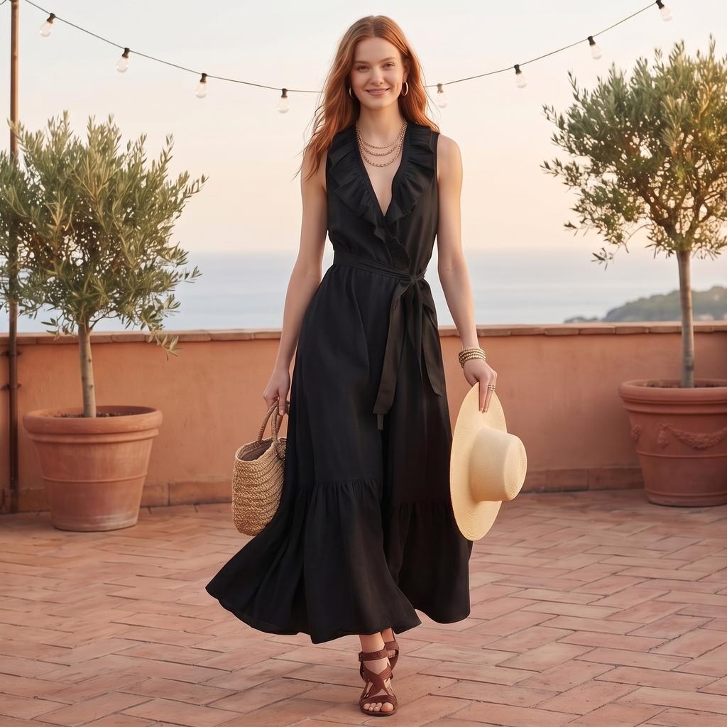 Women's Sleeveless V Neck Ruffle Trim Tie Waist Patchwork Maxi Dress Casual Loose Fit Summer Dress